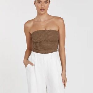 DISSH Brown Strapless Smocked Crop Top